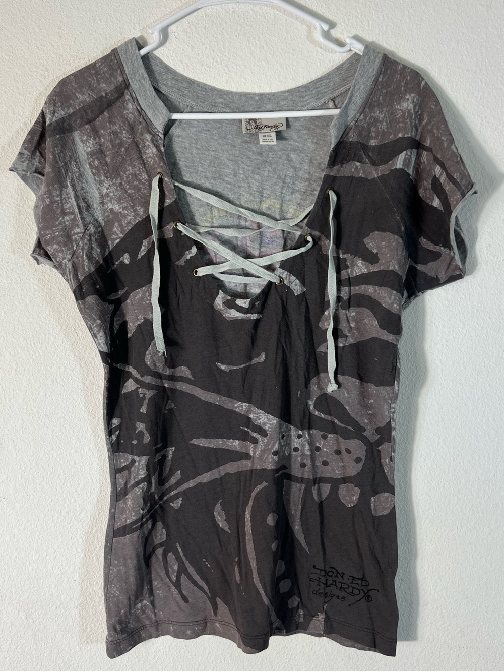 Vintage Ed Hardy Distressed Graphic Lace-Up Tee